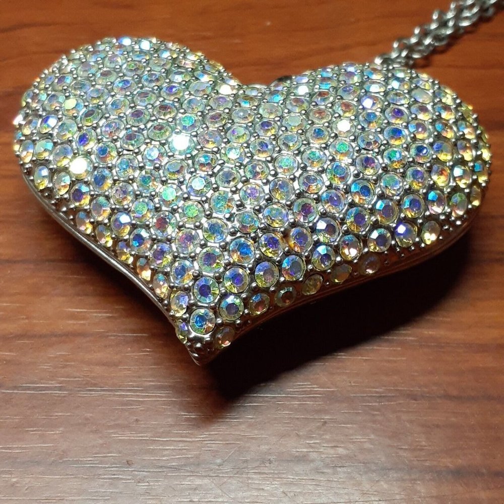 Necklace Rhinestone 3" Pave Heart Long Silver-Tone Chain Cage Back Valentines - Picture 8 of 8